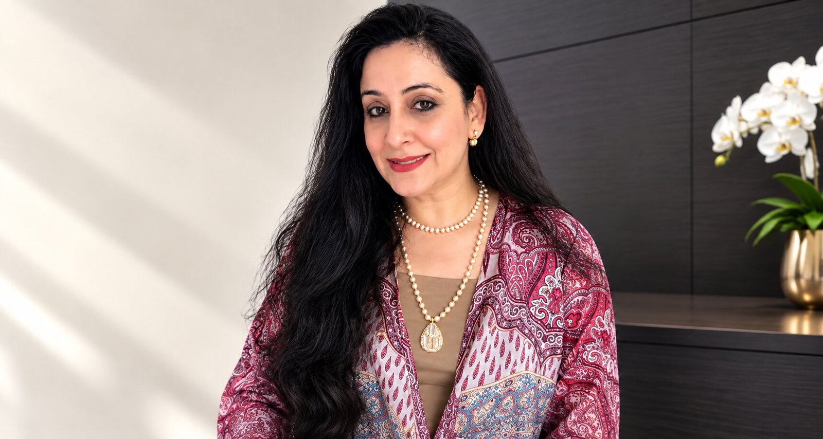 Raji wearing a Bellibon pearl necklace